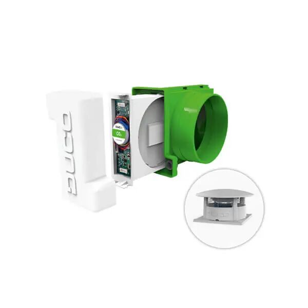 Productfoto van de DUCO Intelli Air Valve dat samen met de DUCO RoofFan gebruikt word in utiliteits- en hoogbouw